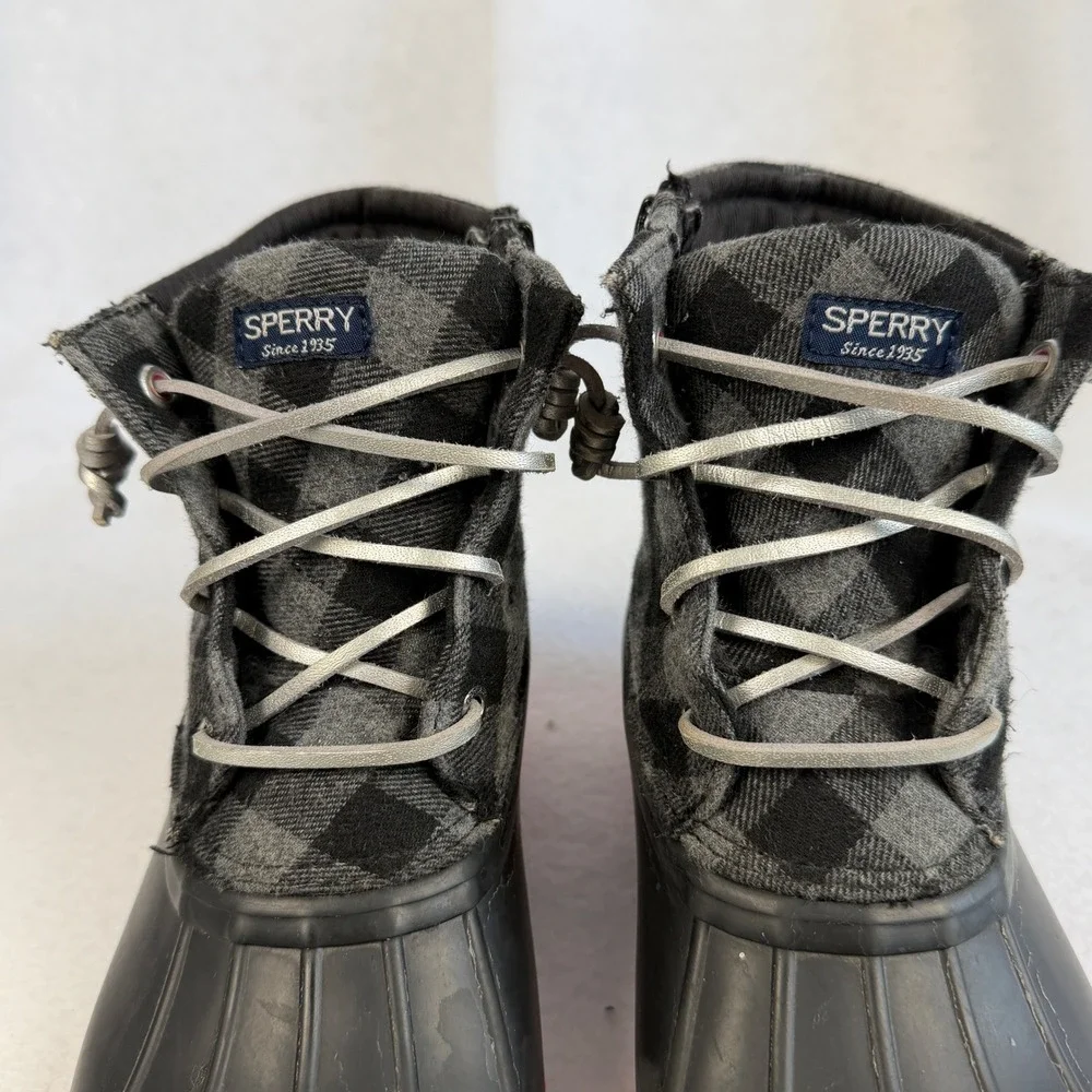 Sperry Saltwater Plaid Duck Boots Black Pink Waterproof Zip Side Kids‎ Size 4